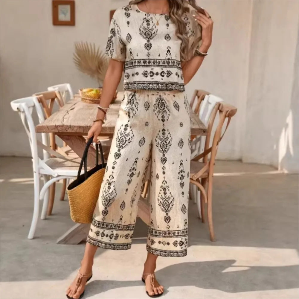 Fashion Ethnic Retro Printed Short-sleeved Women's Suit Summer New Casual Simple Elegant 7-minute Pants Female 2-piece Set 2026