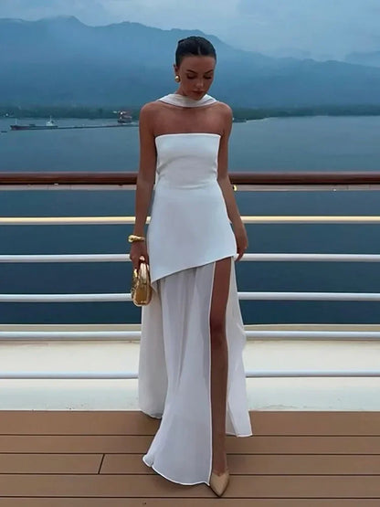 Solid Spliced Ribbon Maxi Dress Women Elegant Strapless Sleeveless Slit Long Dresses 2025 New Summer Holiday Party Lady Vestidos