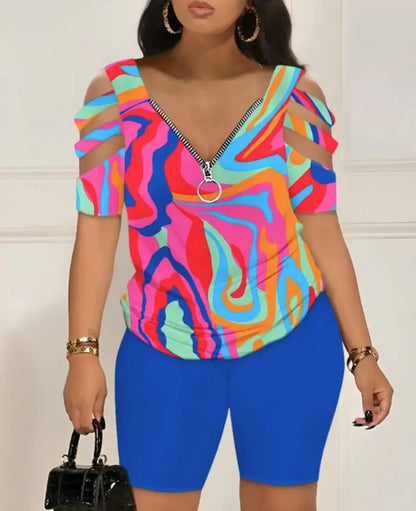 Cold Shoulder T Shirt Shorts Set Women 2 Piece Set Zipper V Neck Womens Short Pants Set Casual Femme Top Set Summer Suit