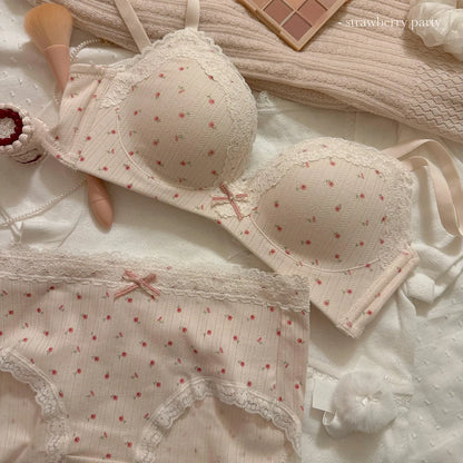 Teenage Sexy Lace Floral Bra Set Comfortable Non-steel Ring Beauty Back Small Breasts Gathered up Support Anti-Sagging Bra Set