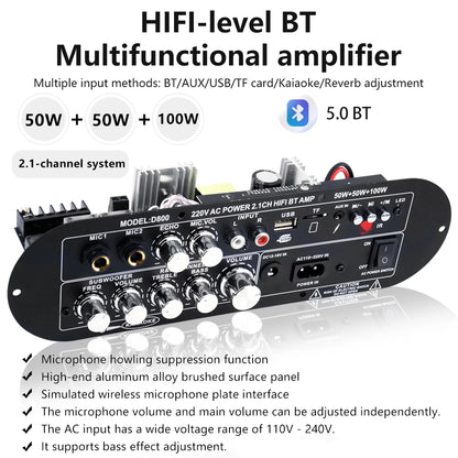 D800 Bluetooth 5.0 Digital Amplifier Board 2.1 Channel 50W+50W+100W HiFi Subwoofer Audio AMP for Home and Outdoor Sound Systems