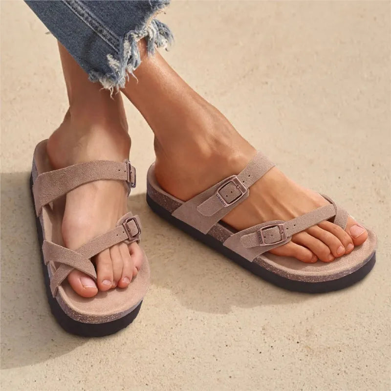 Litfun Open Toe Cork Sandals For Women Classic Brand Thick Sole Beach Shoes With Adjustable Buckle Summer Suede Flat Slippers