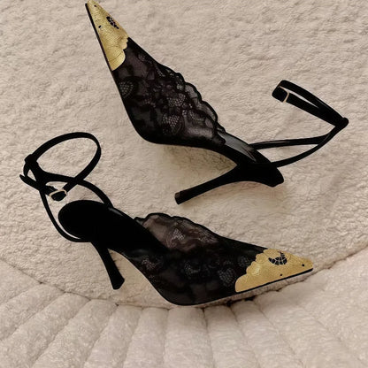 2026 Summer Fashion Lace Sequin Hollow Out Mesh Women Pumps Sexy Pointed Toe Designer Slingback Sandals Women High Heels 34-41