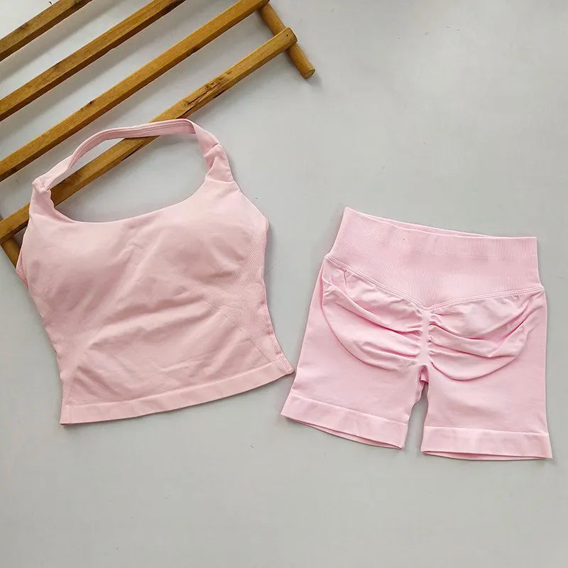 VEQKING Seamless 2pcs Women Yoga Sets Open Back Longline Sports Halter Bras Running Tank Tops Scrunch Butt Gym Workourt Shorts