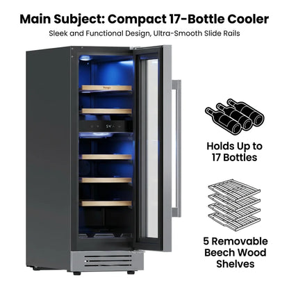 Wine Fridge Cooler 12 Inch Wine Fridge Hold 17 Bottles, Wine Refrigerator Glass Door Built-in Wine Storage Cabinet For Home Kitchen Bar