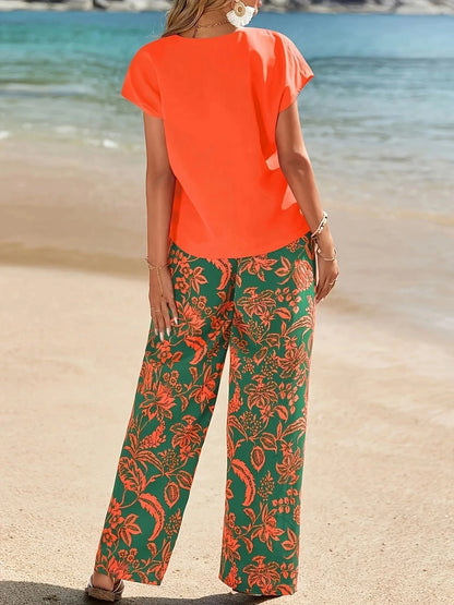2026 Summer Women 2 Piece Outfit Set V-Neck Short Sleeve T-Shirt + Floral Print Wide Leg Pants Casual Beach Vacation Two Piece T