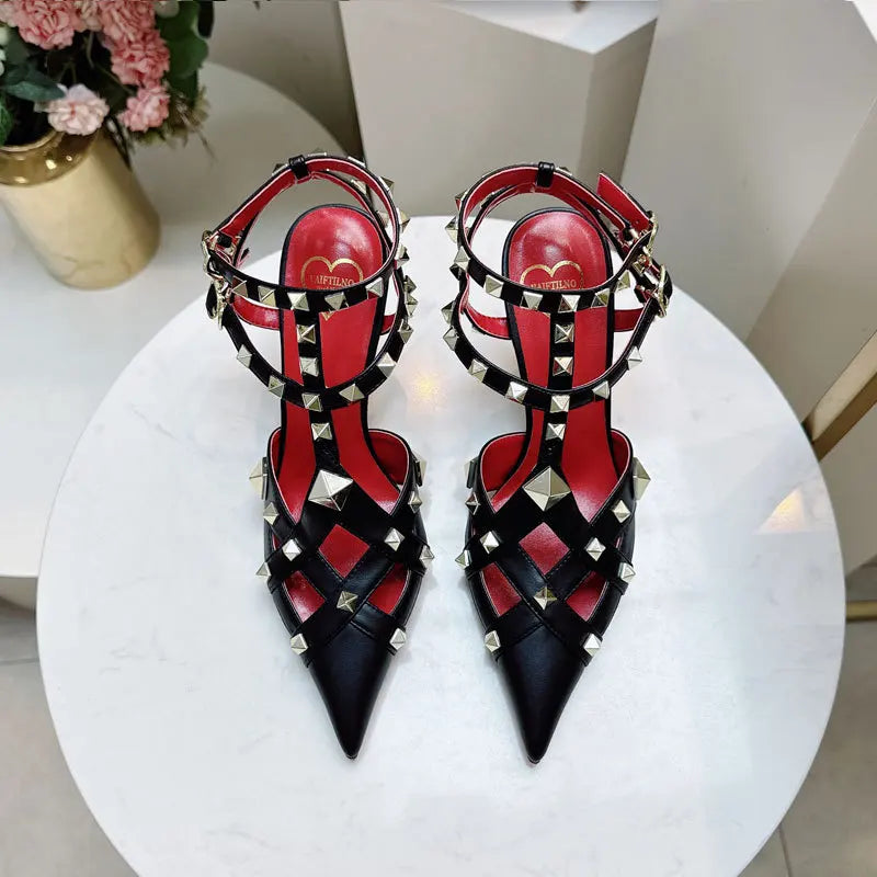 2026 Spring/Summer New High Heel Riveted Sandals Pointed Fine Heel Sandals Riveted Single Shoes