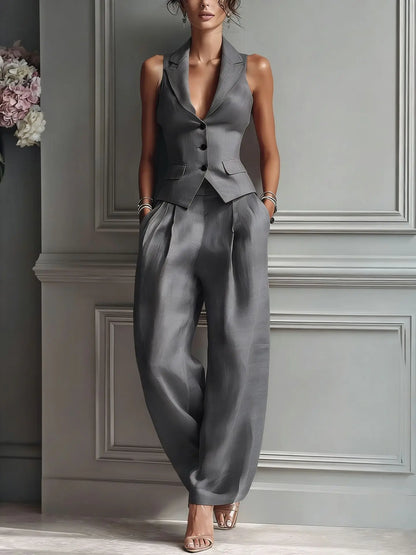 2026 Summer Women Two Piece Set Single-breasted Sleeveless Vest Top And Trousers Pants Set Suit Office Ladies Suits