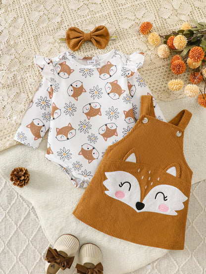 Little Fox Autumn Story Corduroy Set: Full Daisy Print Romper + 3D Embroidered Suspender Skirt + Headband Three-Piece Set, Baby Autumn/Winter Outfit