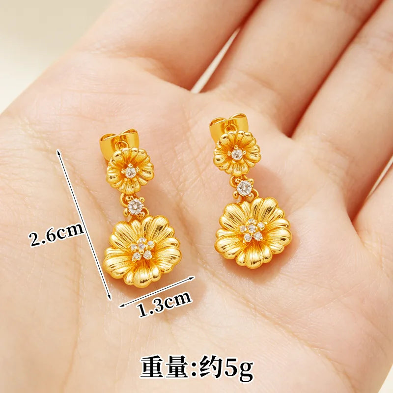 Low Key Luxury Jewelry Set For Women 24K Gold AU999 Matte soft luster highlights layered embossed diamond blooming flower