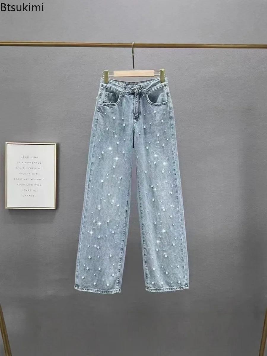 Beaded High-Waist Straight Jeans | Elegant Splice Denim | Women's Casual Streetwear Pants