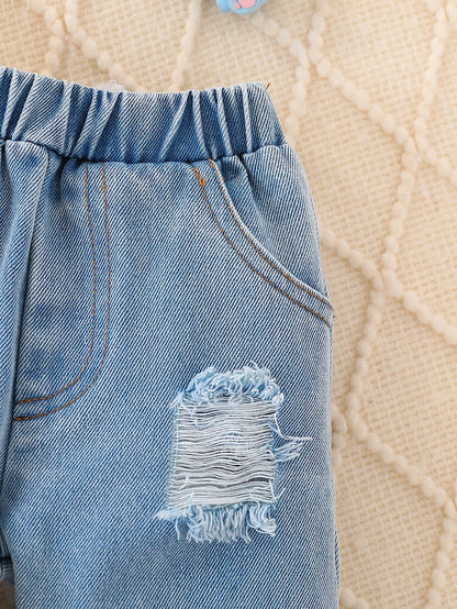 Unisex Baby Elephant Appliqué Quilted Sweatshirt & Distressed Denim Joggers 2-Piece Set