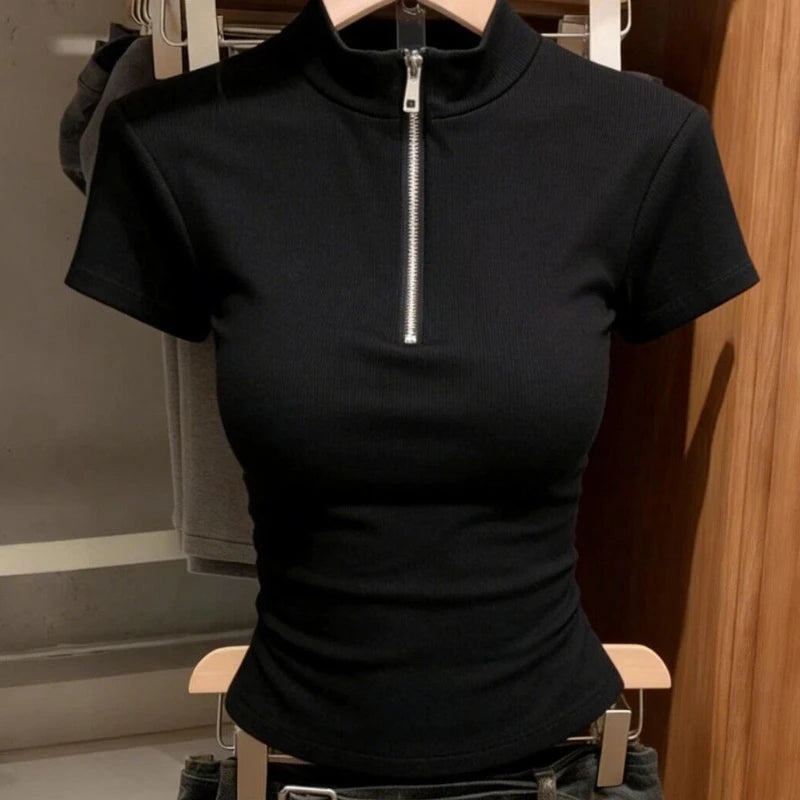 High Street Slim Zipper Patchwork Simplicity Tops Summer New Short Sleeve All-match Korean T Shirts Fashion Trend Women Clothing