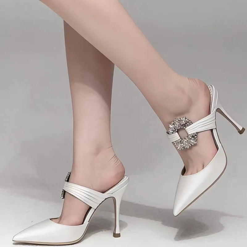 Fashion Baotou Slippers Summer New Pointed Toe Silk Rhinestone Buckle Stiletto Women's Shoes