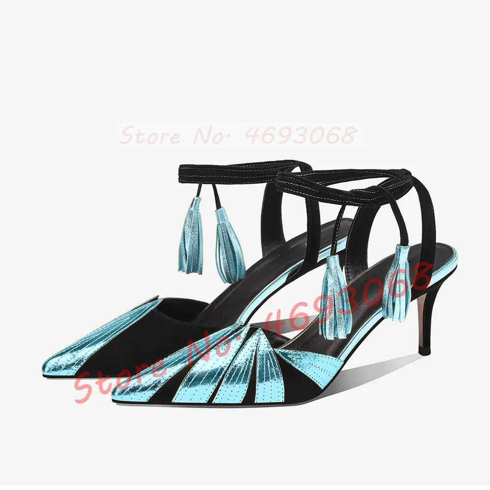 Golden Leaves Wrapped Heeled Sandals Women Fashion Metallic Leather Pointed Toe Shoes Sexy Two Tone Lace Up Fringes Sandals