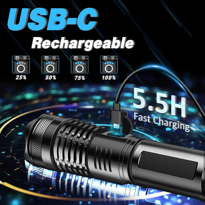 High Power Rechargeable LED Tactical Flashlight  Aluminum Alloy Telescopic Zoom Torch Lamp for Outdoor Camping Fishing