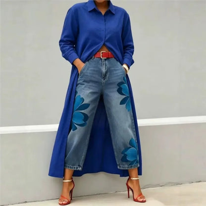 Women's Print High Waist Jeans And Shirts Dress  Loose Wide Leg Denim Pants Casual Trendy Trousers And Maxi Dress Women Clothing