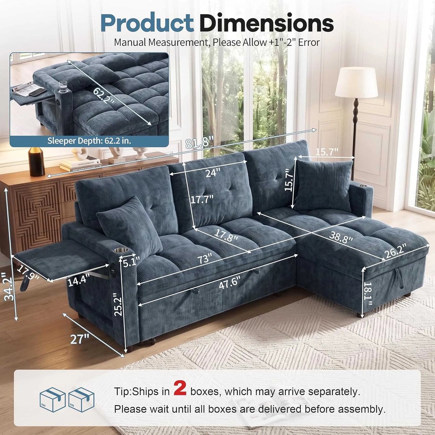 81.8" L-Shaped Sleeper Sofa with Pull Out Bed, Convertible Sectional Couch with Storage Chaise, USB/Type-C Charging and Cup Holders, Plush Chenille Modular Sofa for Living Room, Blue
