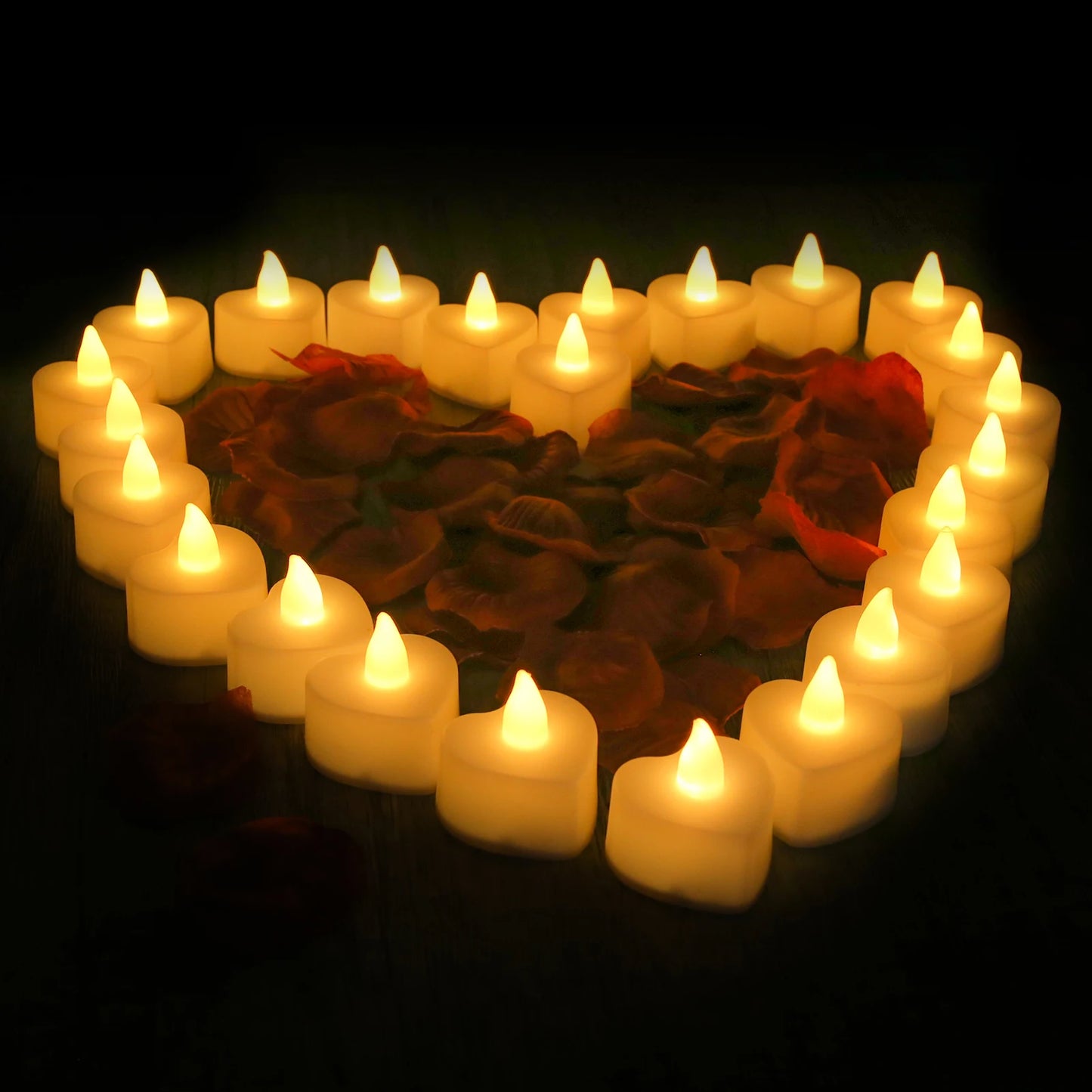 24/48 Pack Heart Shaped LED Tea Lights Candles with Artificial Rose Petals Romantic Night Decorations  for Wedding Anniversary
