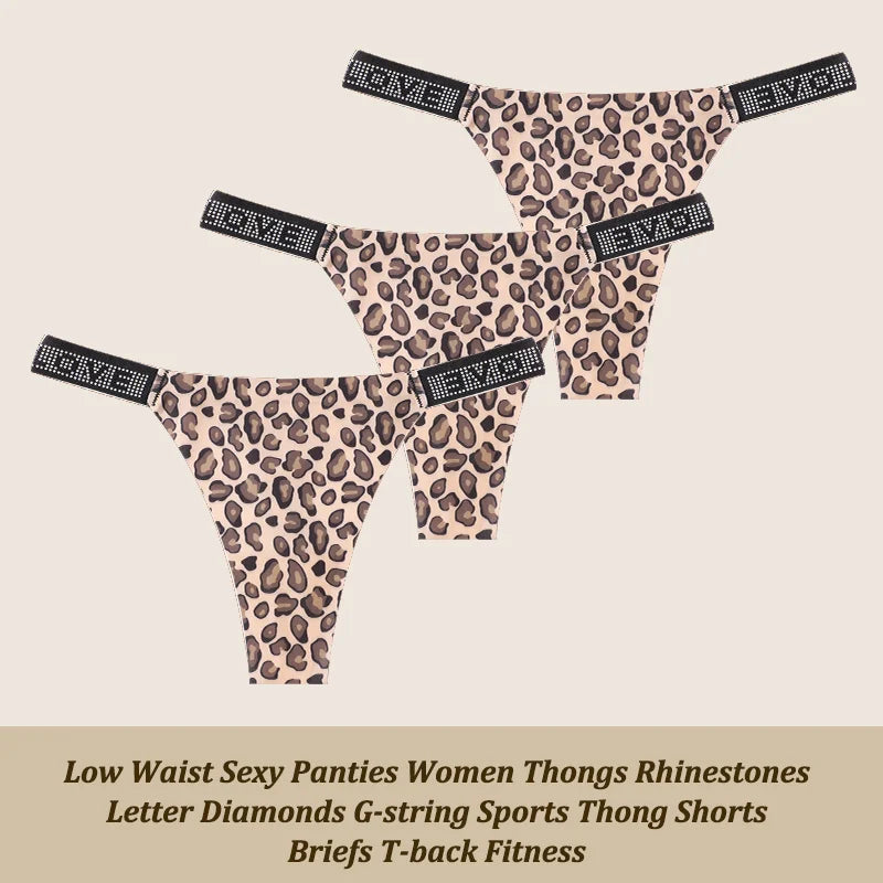 3Pcs/Set Low Waist Sexy Panties Women Thongs Rhinestones Letter Diamonds G-string Sports Thong Shorts Briefs T-back Size XS-XL