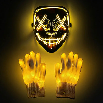 Wireless LED Neon Purge Mask & Fiber Optic Gloves, Scary Glow In Dark Mask for Halloween Carnival Cosplay Bar Birthday Party