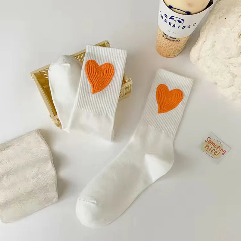 New Women Socks Cute Love With Heart Print Sock Cotton Harajuku Vintage Happy Female Dots Heart Kawaii Sox White Pink Crew Sock