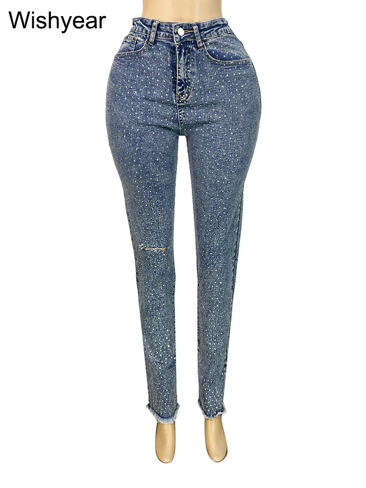 Diamond Distressed Skinny Jeans | Beaded High-Waist Pencil Pants | Women's Y2K Streetwear Denim