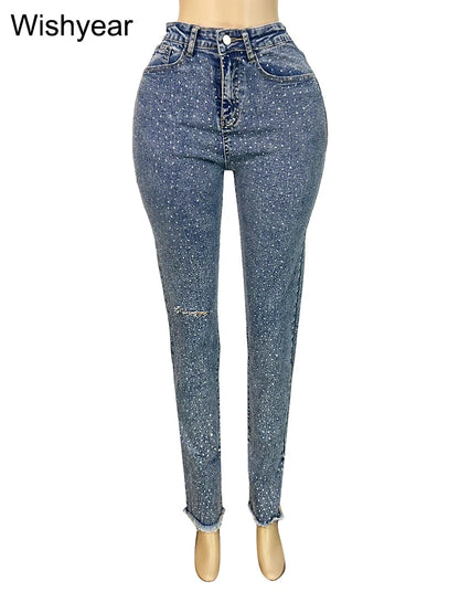 Diamond Distressed Skinny Jeans | Beaded High-Waist Pencil Pants | Women's Y2K Streetwear Denim