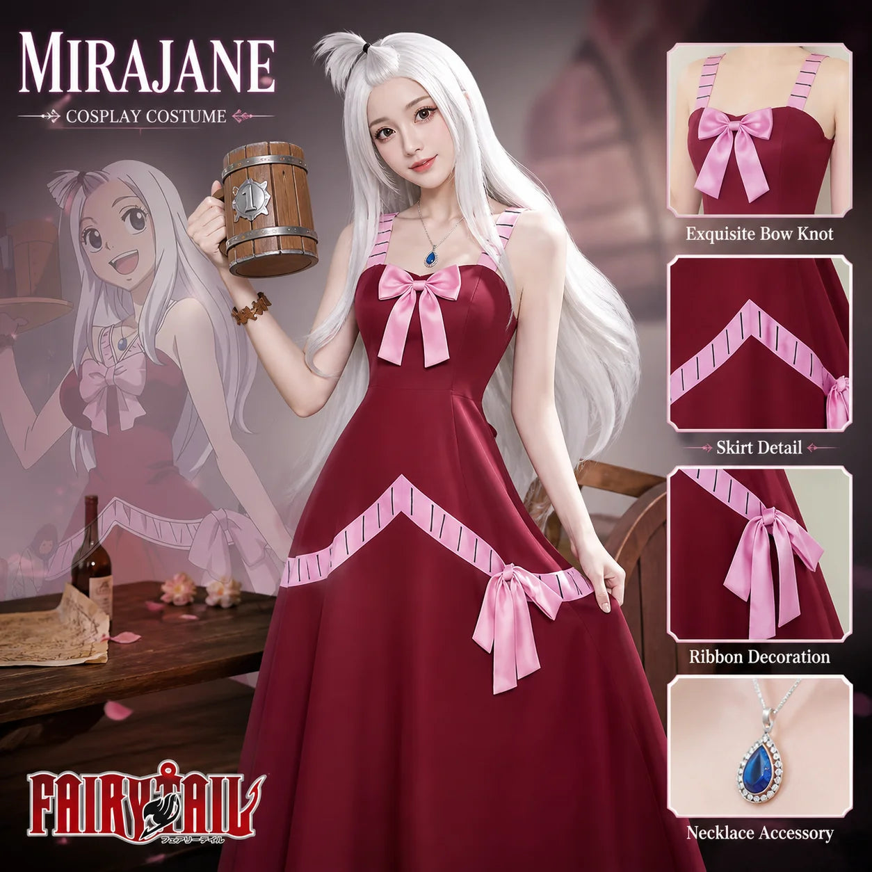 Anime Mirajane Strauss Fairy Tail Red Long Dress Cosplay Full Set Costume Outfit Women Halloween Party Stage Cos Convention