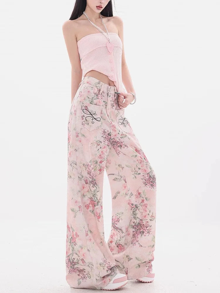New Women Chinese Style Pink Embroidered Jeans Summer Casual Wide Leg Floor Length Pants with Printed Design
