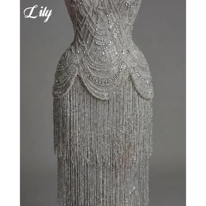 Lily Silver Strapless Prom Dress Beaded Corset with Fringe Skirt Evening Dress Luxury Mermaid Party Dress For Women Customized