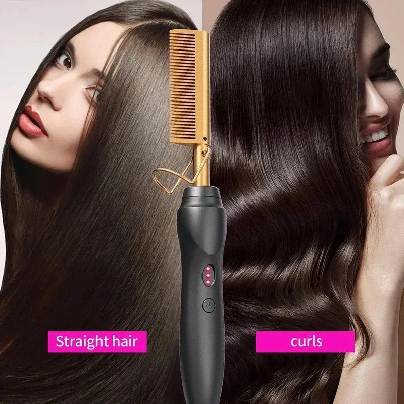 Portable Ceramic Hair Curler Electric Hot Heating Comb Hair Straightener Curler Wet Dry Hair Straightening Hair Styling Tool