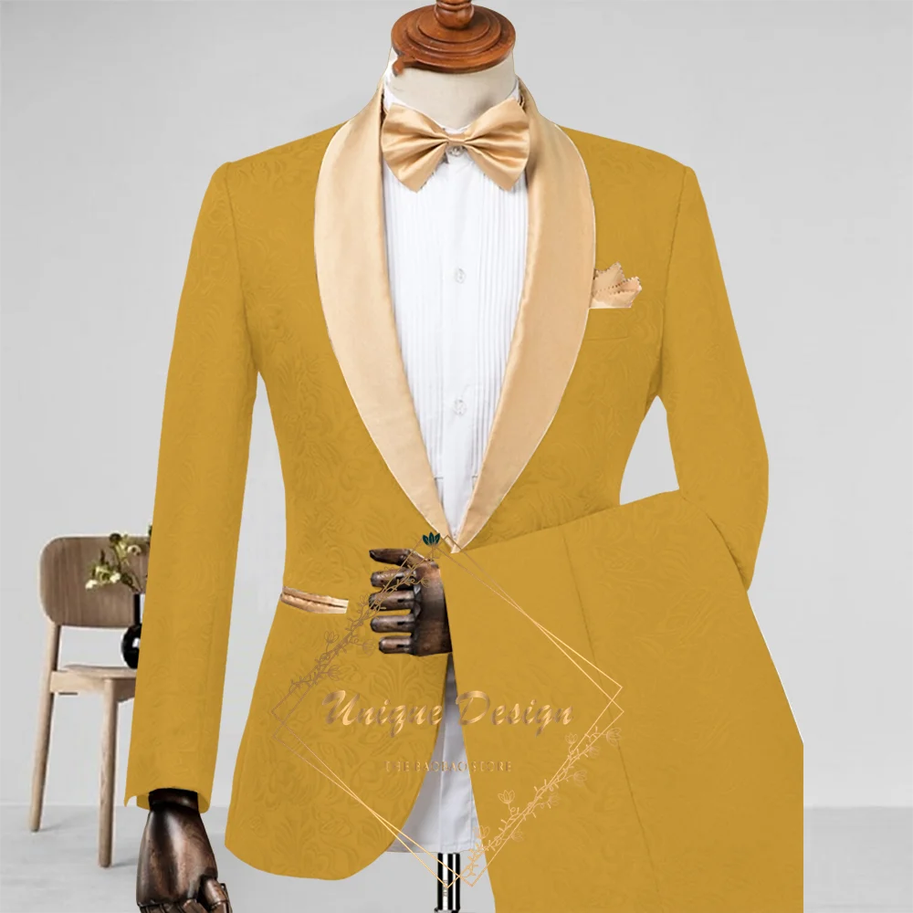 Champagne Men's Suit 2-Piece Set Satin Shawl Lapel Jacquard Jacket Pants Elegant Set for Wedding Groom Summer Party Dating Prom