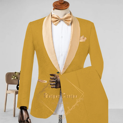Champagne Men's Suit 2-Piece Set Satin Shawl Lapel Jacquard Jacket Pants Elegant Set for Wedding Groom Summer Party Dating Prom