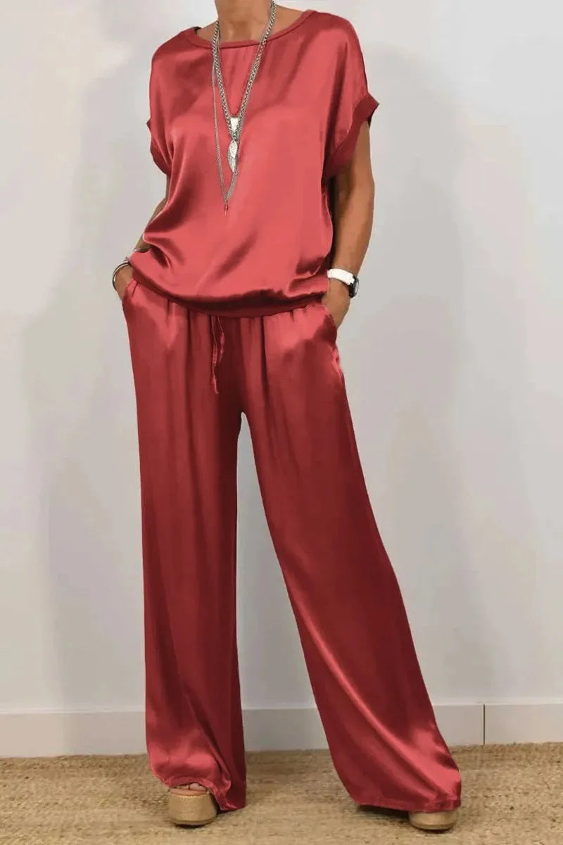 Simple Satin Women's Suits Summer Fashion Short sleeve Loose Blouse Wide Leg Pants Two Piece Set For Women Casual Outfits