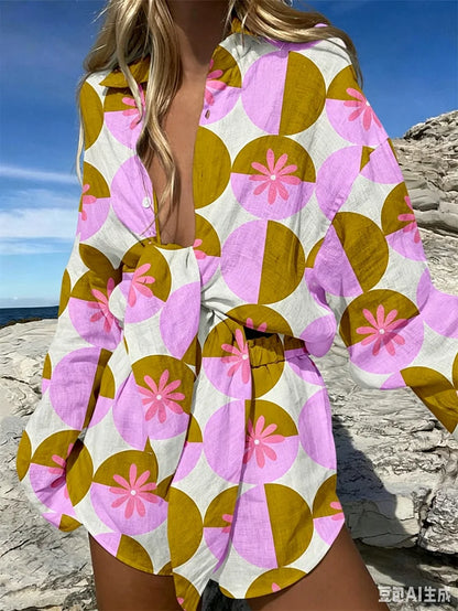 Summer Fashion Print Beach Holiday 2-Piece Set Women Long Sleeve Shirt Top+Wide Legs Short Women Oversized Two-Piece Outfit