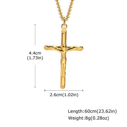 Stainless Steel Cross Necklace Catholicism Jesus Pendant Gold Color Collar Church Prayer Faith Jewelry for Men Women Gift
