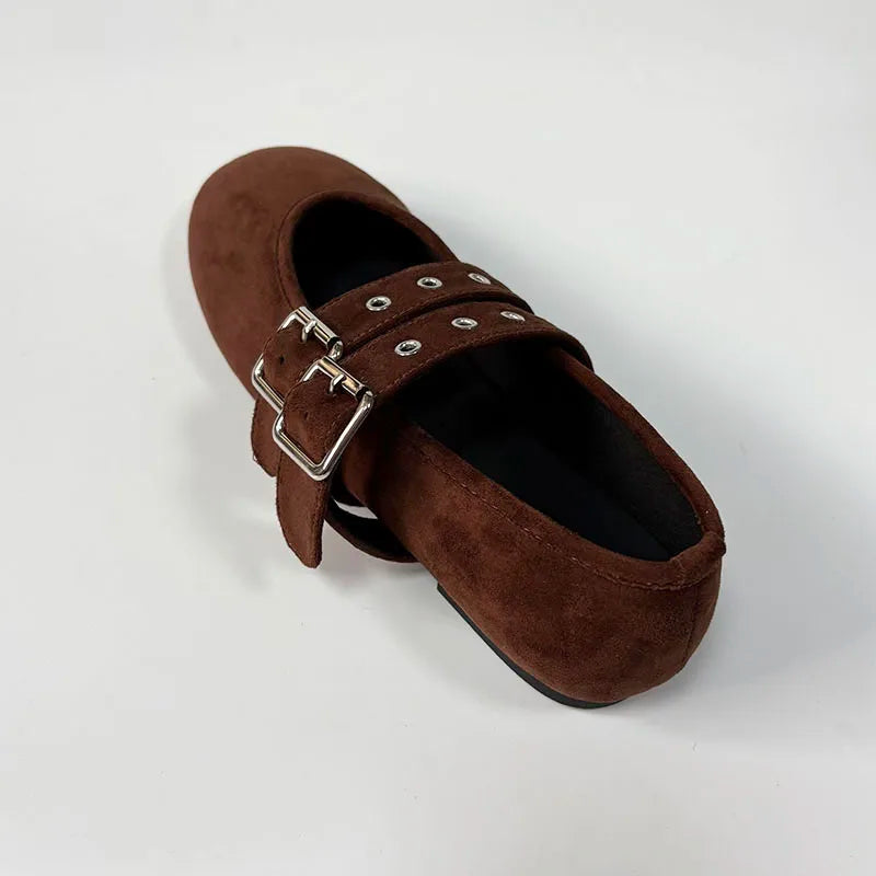 New Fashion Buckle Strap Footwear Flock Ballet Flats Women Dance Shoes Female Round Toe Ladies Mary Janes Flats Lolita Shoes