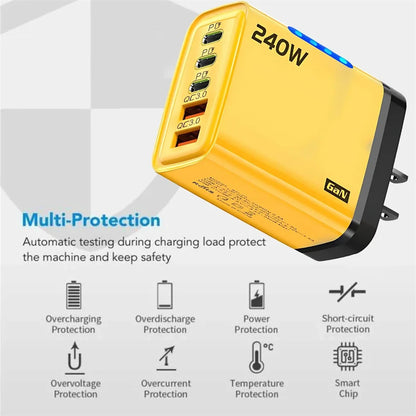 240W 5 in 1 USB C GaN Desktop Charger Fast Charge Phone Adapter 10A Type C Cable For iPhone Samsung Xiaomi EU/US/UK Plug Charger