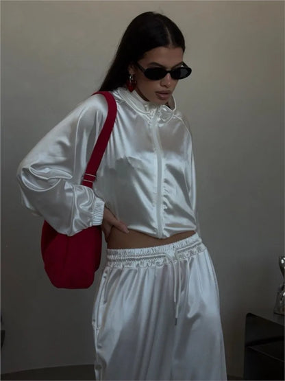 2026Spring Autumn New Satin Women's Sports Suit Fashion Zipper Long Sleeve Jacket Casual Loose Female Wide Leg Pants 2 Piece Set