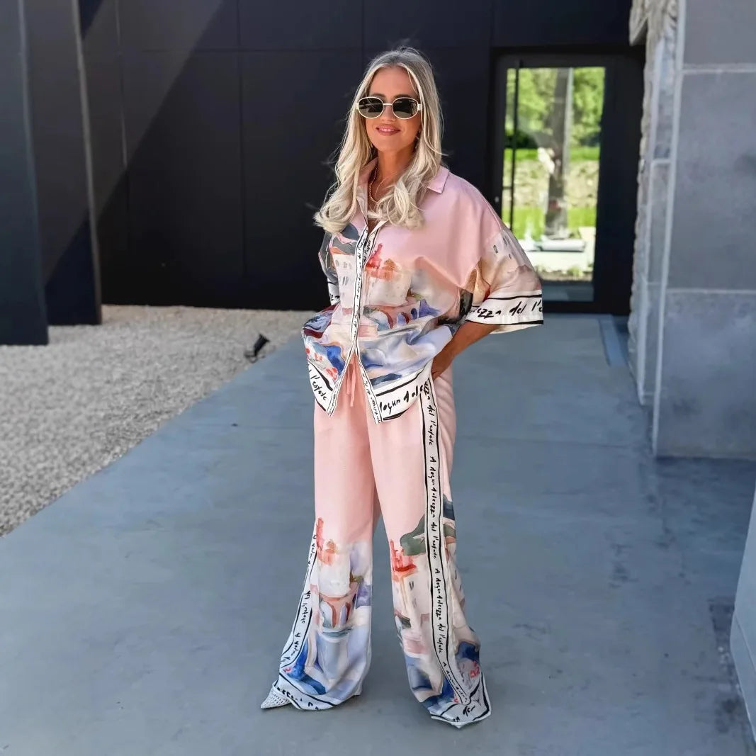 Autumn New Half-sleeved Printed Shirt Trousers For Women 2-piece Set Loose Simple Casual Elegant Female Streetwear Trousers Suit