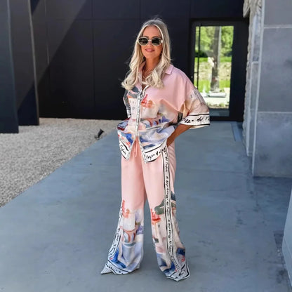 Autumn New Half-sleeved Printed Shirt Trousers For Women 2-piece Set Loose Simple Casual Elegant Female Streetwear Trousers Suit