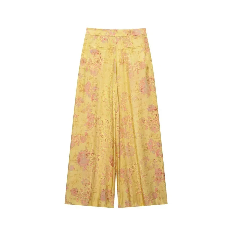 Women's Printed Pants Set Summer New O-neck Long Sleeve Rope Knot Decorative Tops High-waist Wide leg Pants Casual 2 Piece Sets