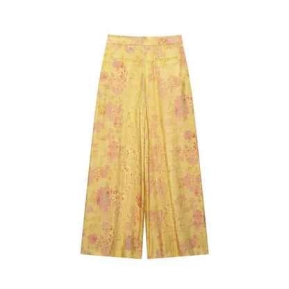 Women's Printed Pants Set Summer New O-neck Long Sleeve Rope Knot Decorative Tops High-waist Wide leg Pants Casual 2 Piece Sets