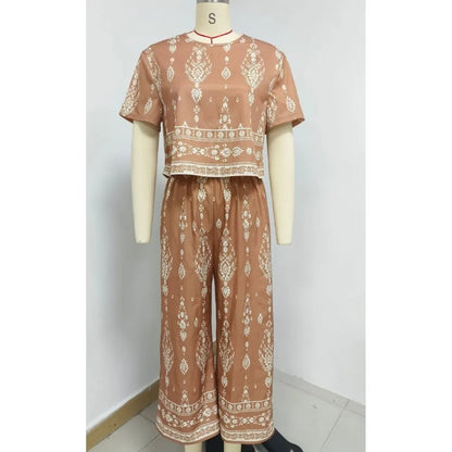 Fashion Ethnic Retro Printed Short-sleeved Women's Suit Summer New Casual Simple Elegant 7-minute Pants Female 2-piece Set 2026