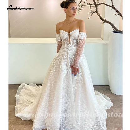 Lakshmigown Off the Shoulder Long Removeable Sleeves Sweethert Full Lace Bridal Grown A Line Wedding Dresses Customized