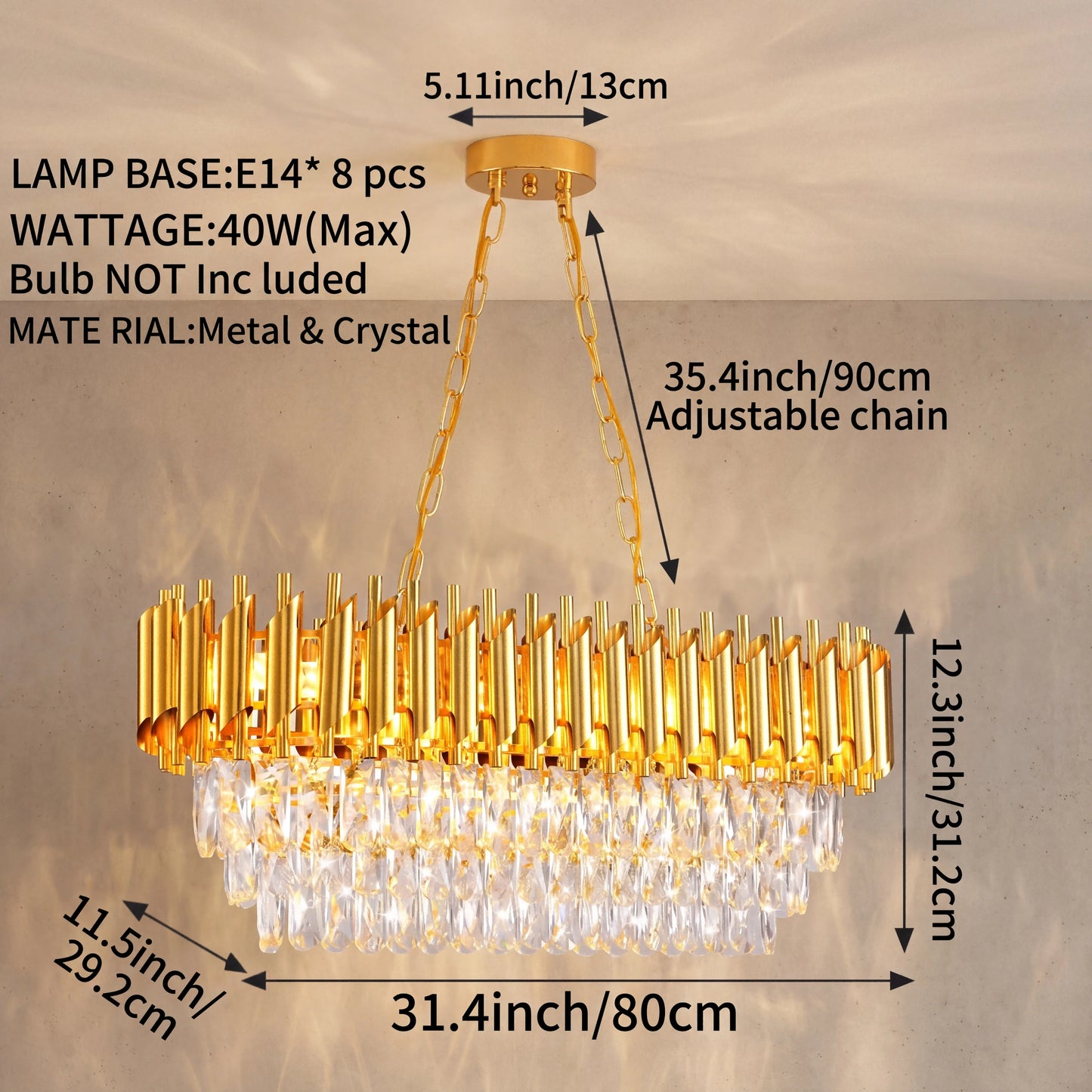 Modern Gold Rectangular Crystal Chandelier, Adjustable Chain Hanging K9 Crystal Ceiling Light Fixture-dining room/kitchen island