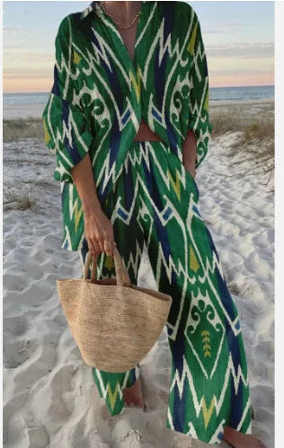 Summer Casual Shirts Two Piece Outfits 2 Pieces Set For Woman New In Matching Sets Blouse For Woman Temperament Vacation Printed