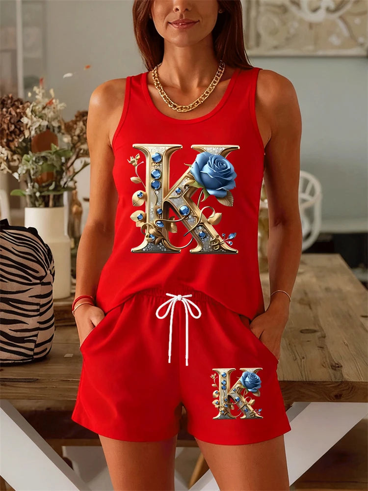 New Summer Women's Floral Print Tank Top Set Street-Style Versatile Fashion Tank Top and Shorts Two-Piece Set Sports T-Shirt Set