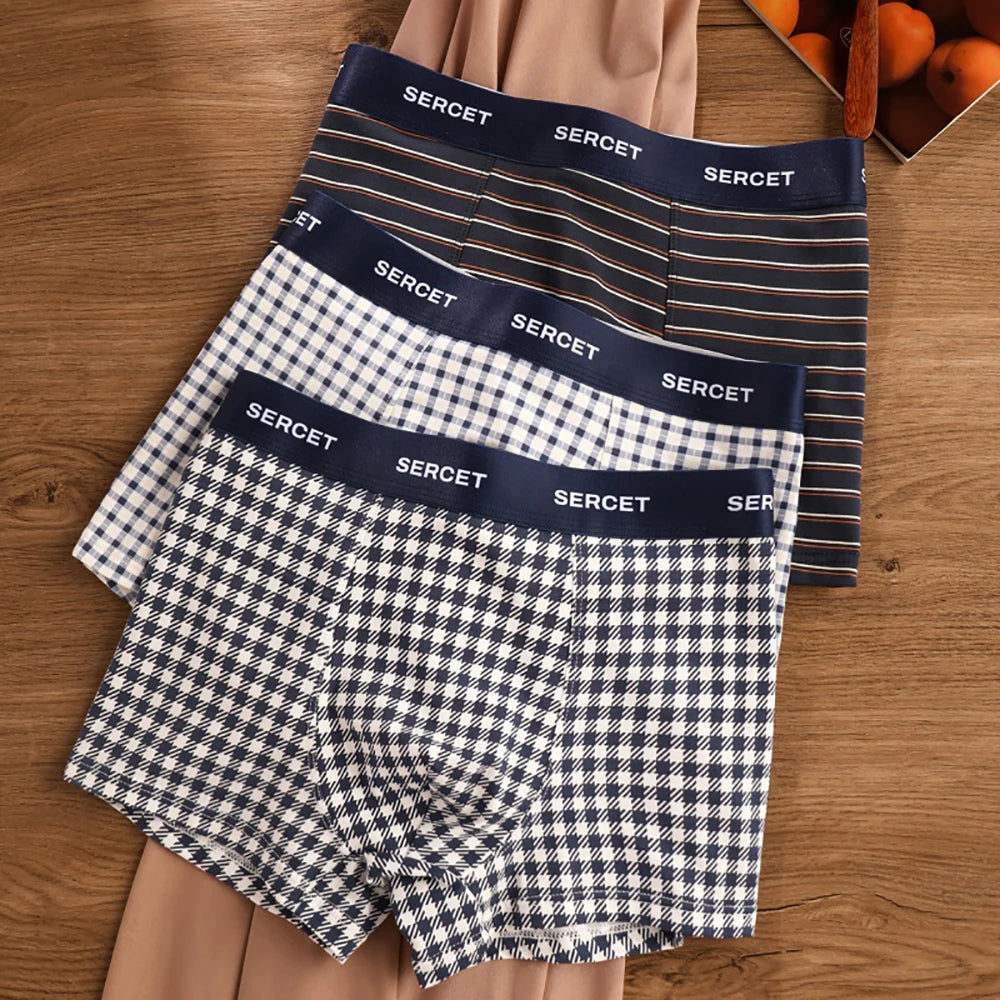 1/3PCS 95% Cotton Soft Boxers Striped/Dot/Plaid Knit Man Underwear Autumn Breathable Antibacterial 3D Mesh Crotch Men's Panties